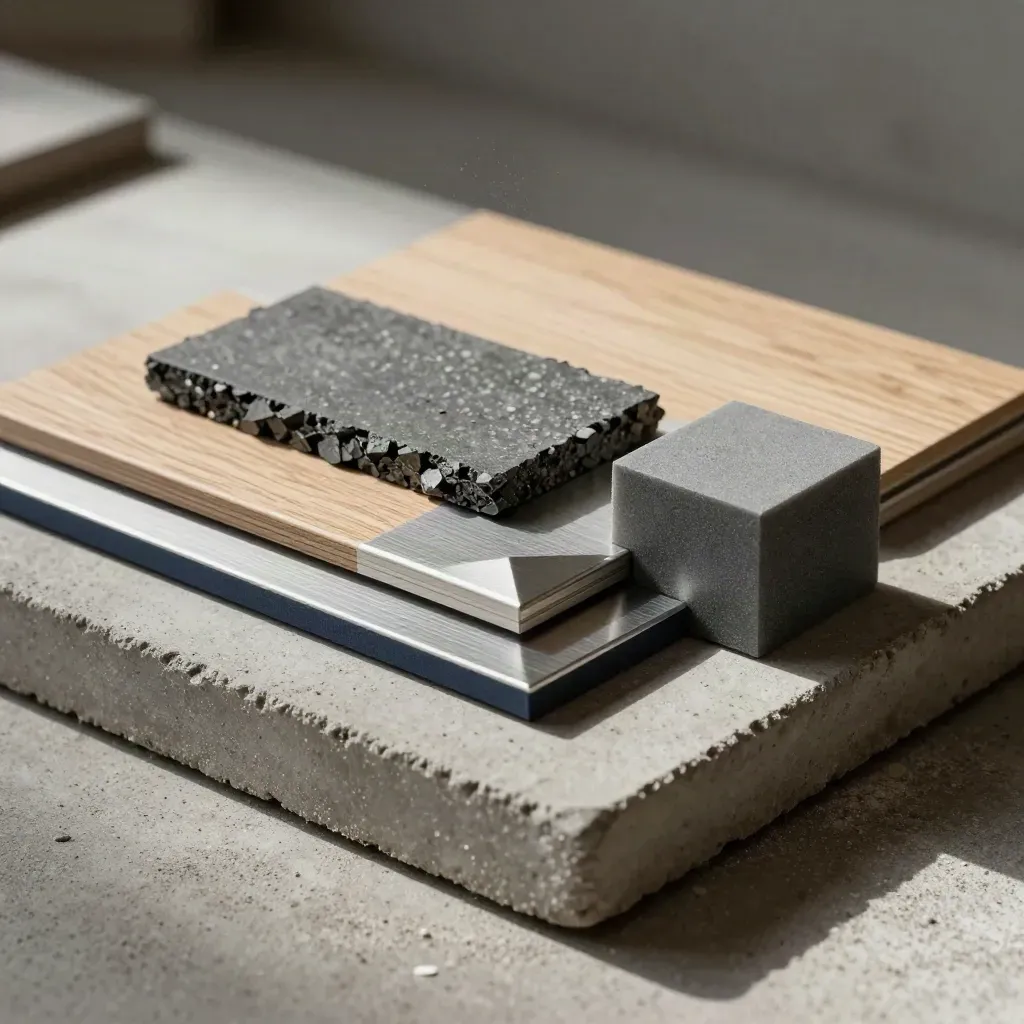 Architectural material samples on concrete with basalt, oak veneer, aluminum, and navy accent