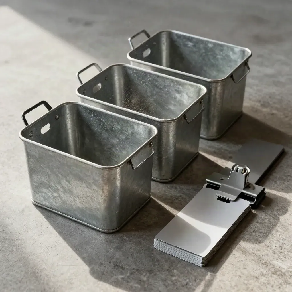 Galvanized dispatch bins, magnetic rail, and blank inventory tags on stone
