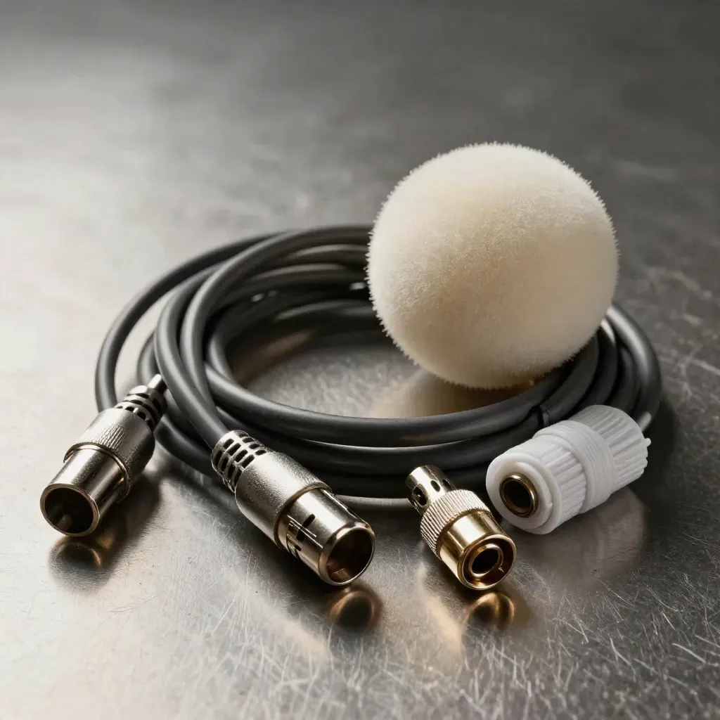 Coiled XLR cable, metal adapters, and foam windscreen on brushed steel in crisp studio light.