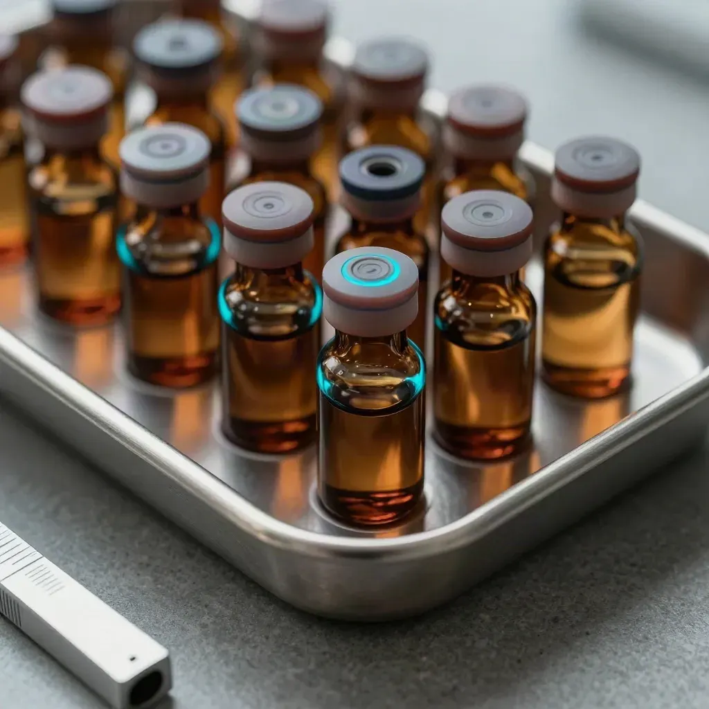 Macro of amber lab vials, rubber stoppers and a sample cartridge on a stainless tray.
