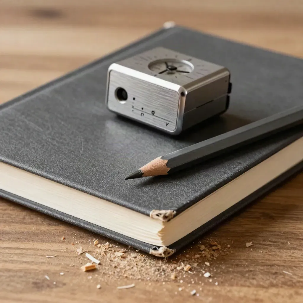 Macro still life of a closed notebook, aluminum desk timer and pencil stub on walnut with soft light.