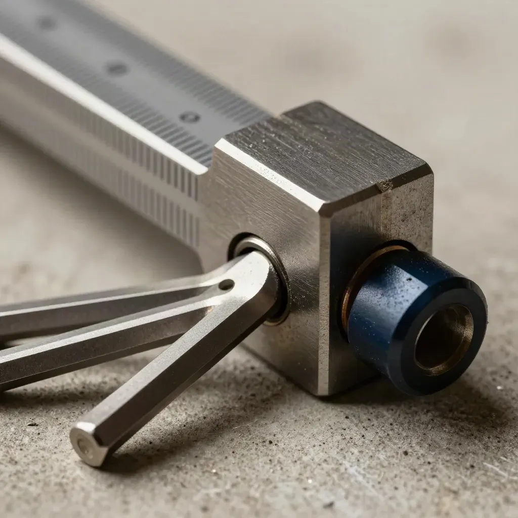Macro still life of gauge blocks, hex keys and a steel collar on brushed concrete