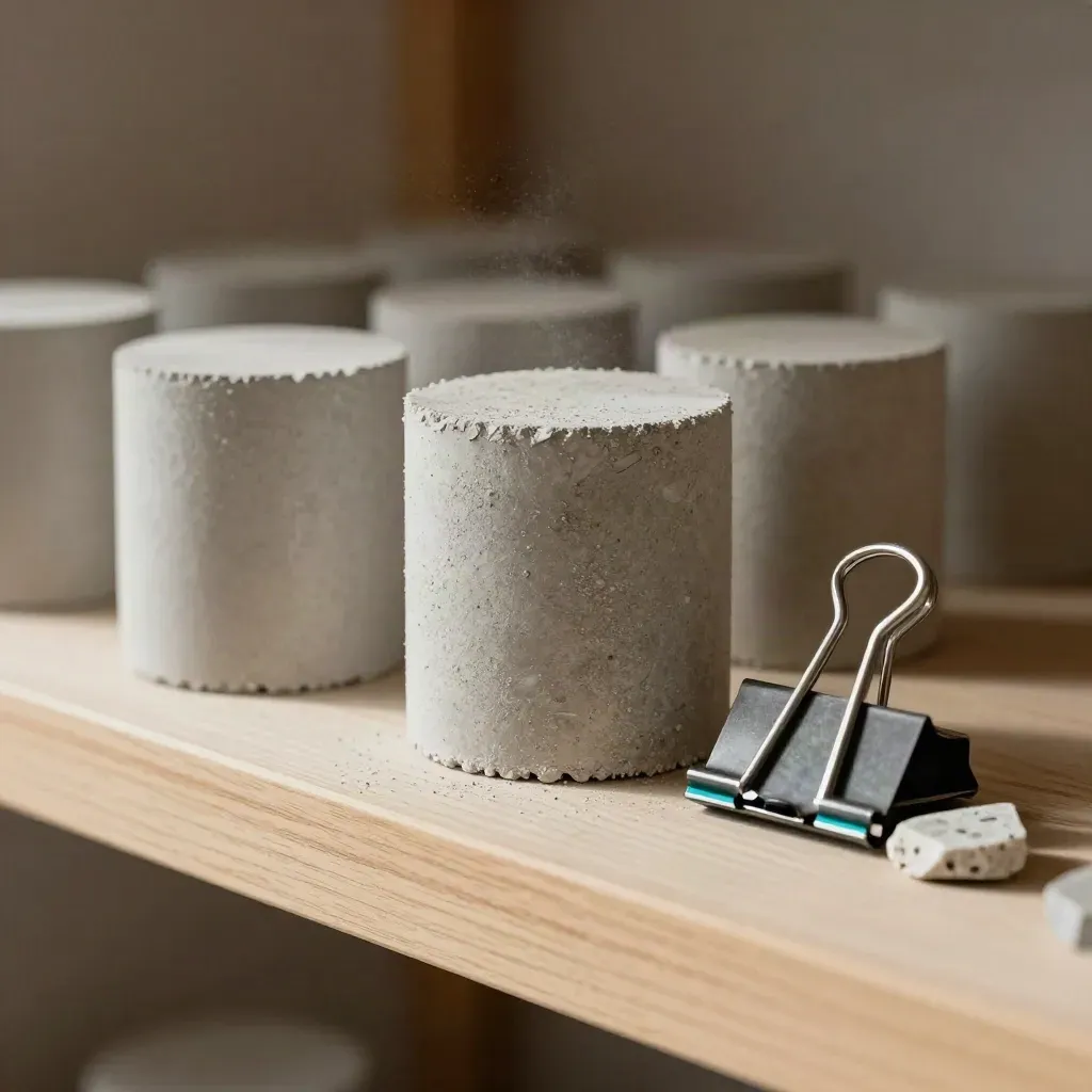 Concrete core samples and terrazzo chips clipped together on a pale wood shelf.
