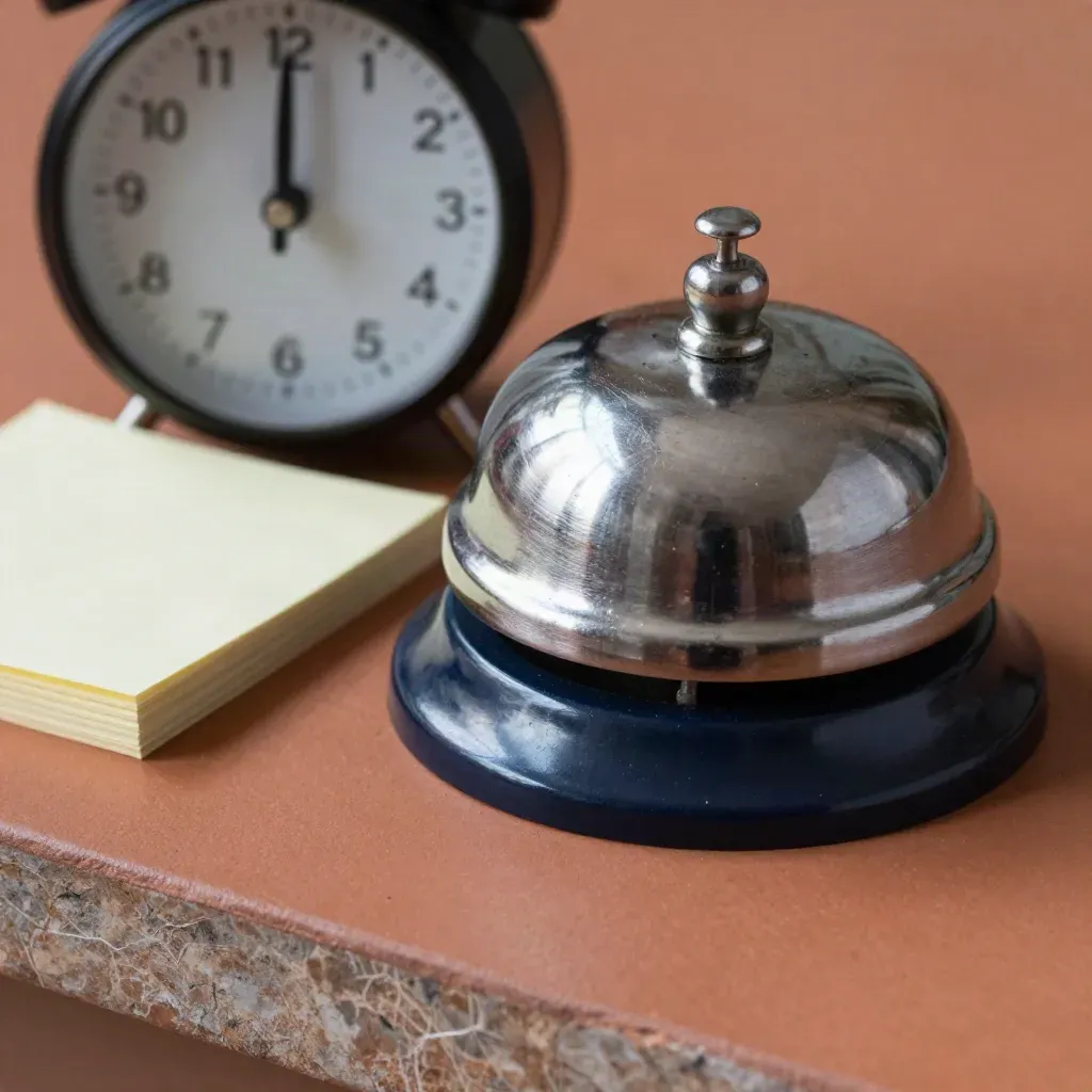 Brushed desk bell, silent timer and blank reminder cards on terracotta clay, side-lit in macro.
