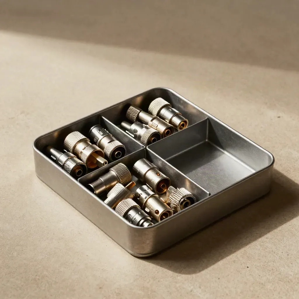 Top-down matte metal tray with cable connectors arranged in a grid on a khaki stone surface