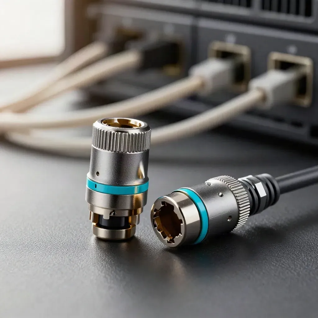 Macro of two linked metal connectors, braided cable loop and coupling sleeve on graphite surface.