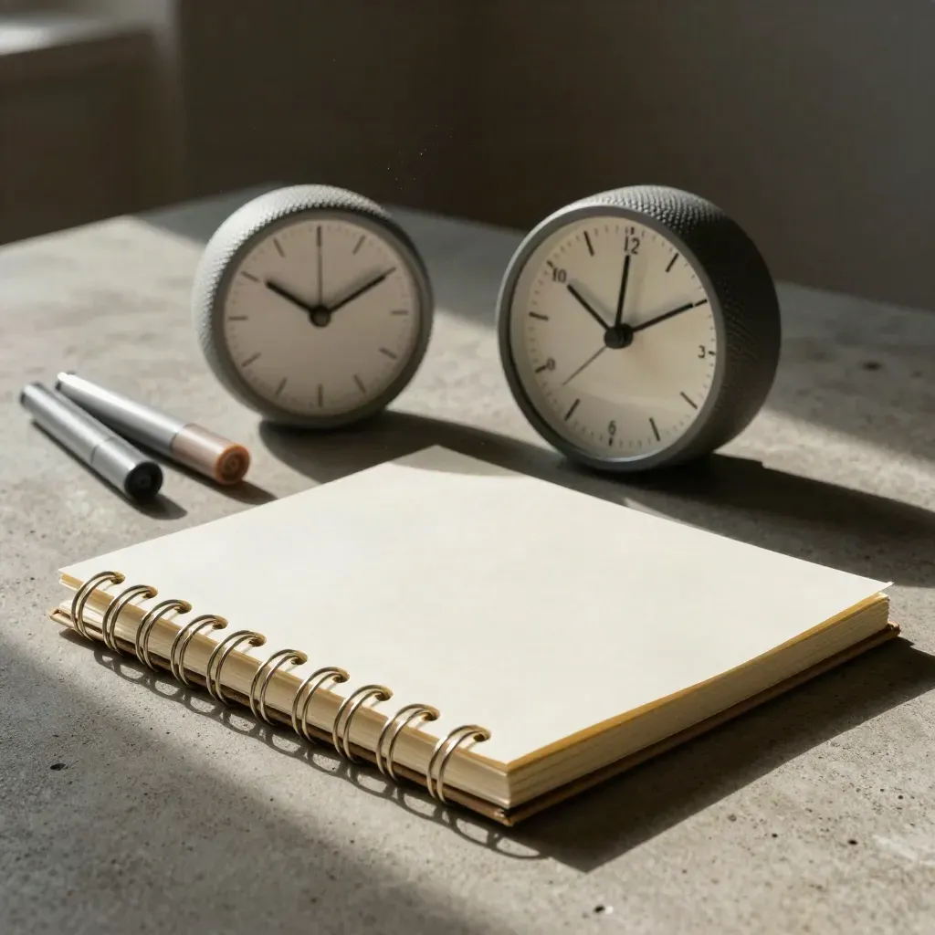 Closed ring notebook, timer, and marker caps on concrete in dramatic studio light.