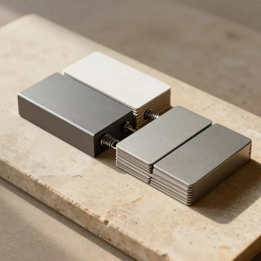 Top-down planning board kit with anodized blocks, spring clips, and graphite-edged cards on limestone.