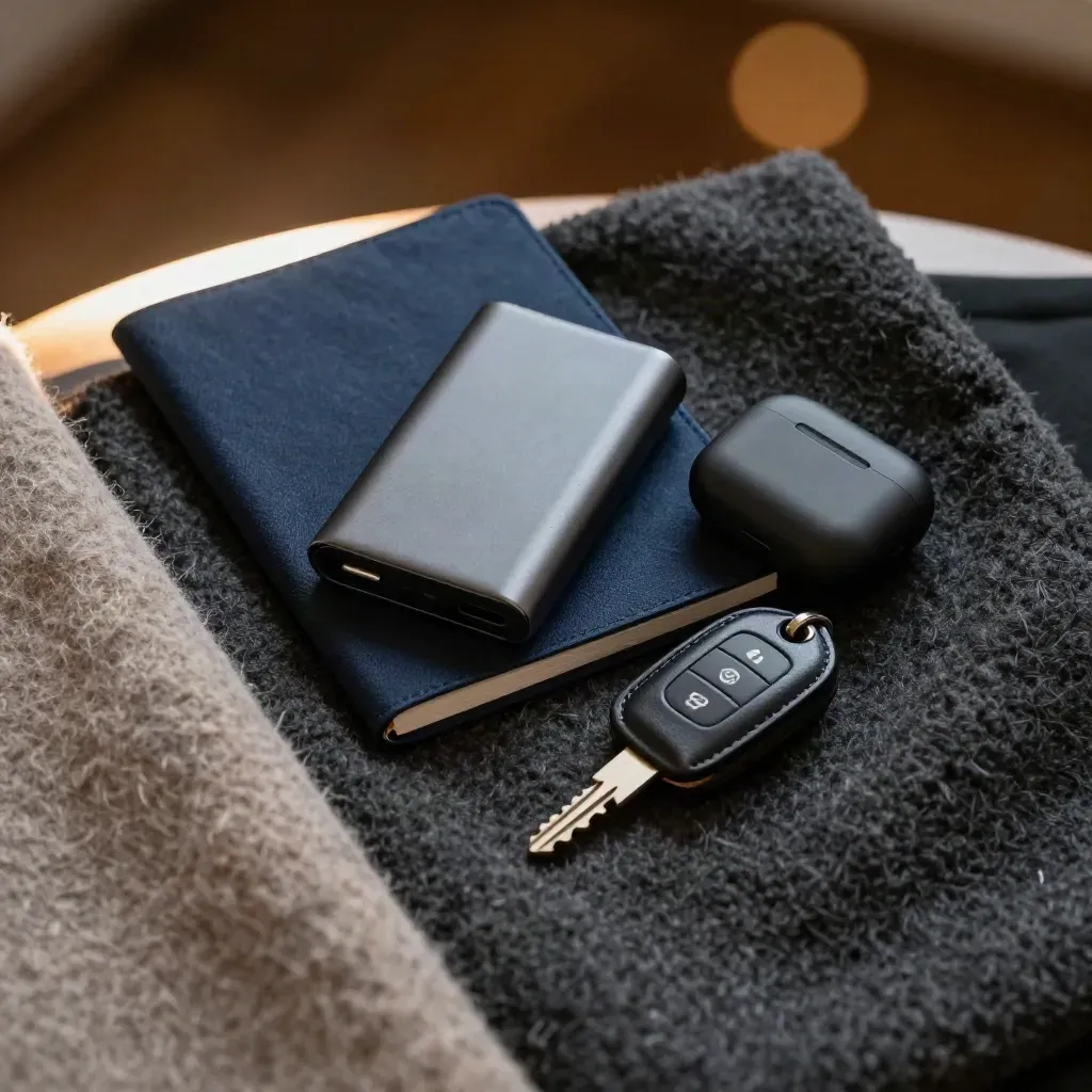 Founder's navy wool essentials pack with notebook, power bank, earbuds case and key fob.