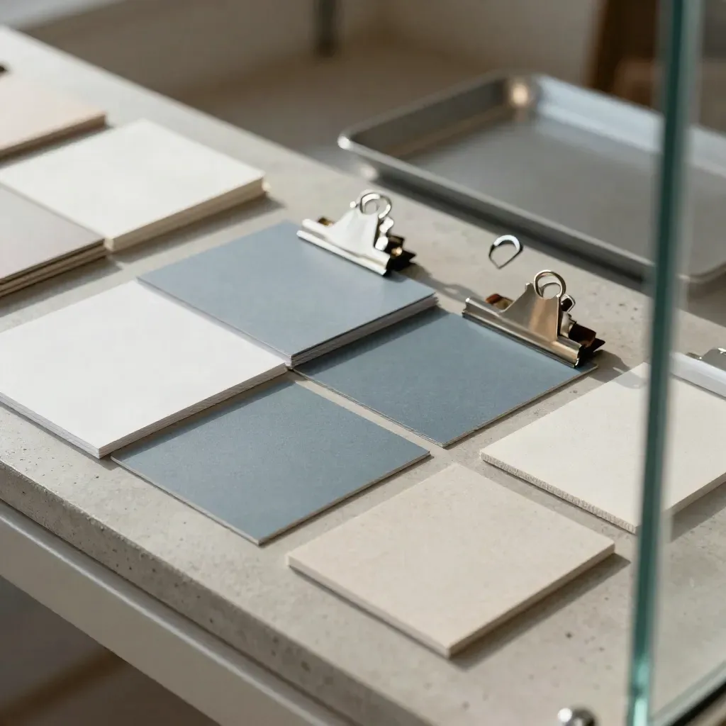 Macro still life of product planning cards, magnetic clips and swatches behind glass