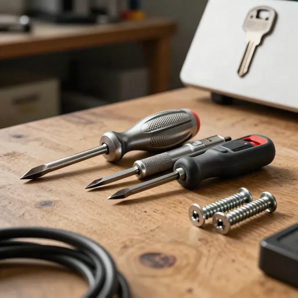 Engineering lead toolkit on oak workbench with cable coil foreground and soft workshop haze