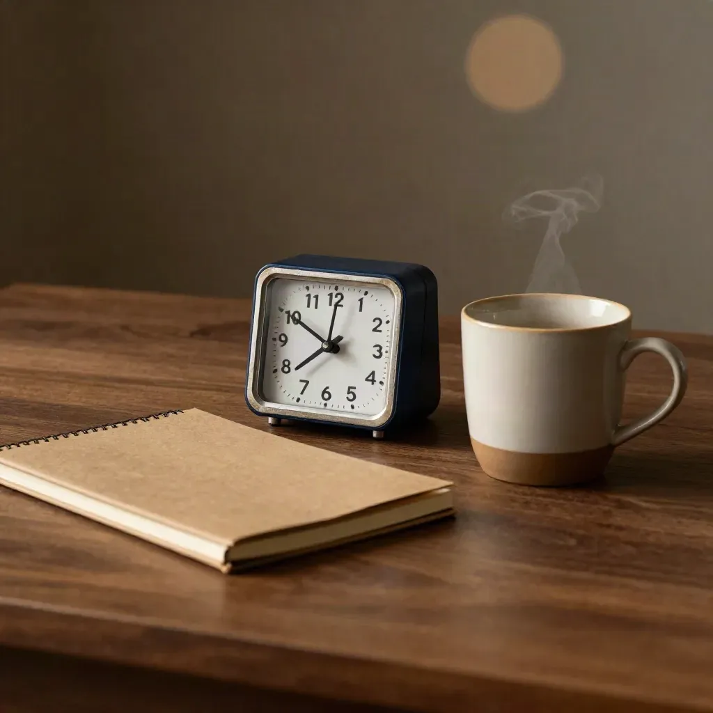 Desk timer, kraft notebook, and steaming cup on a dark walnut surface