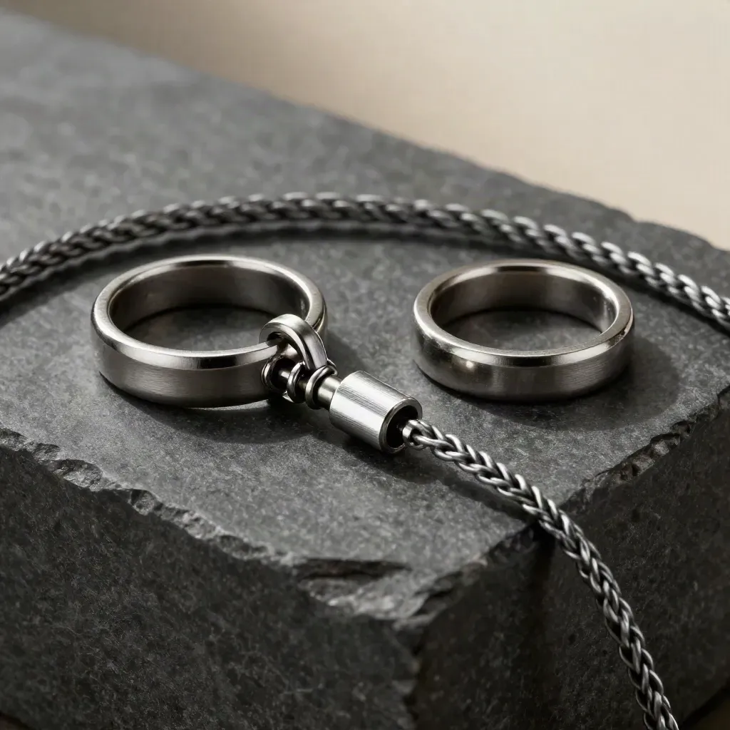 Steel rings, clasp, and braided cable on dark stone under dramatic light.