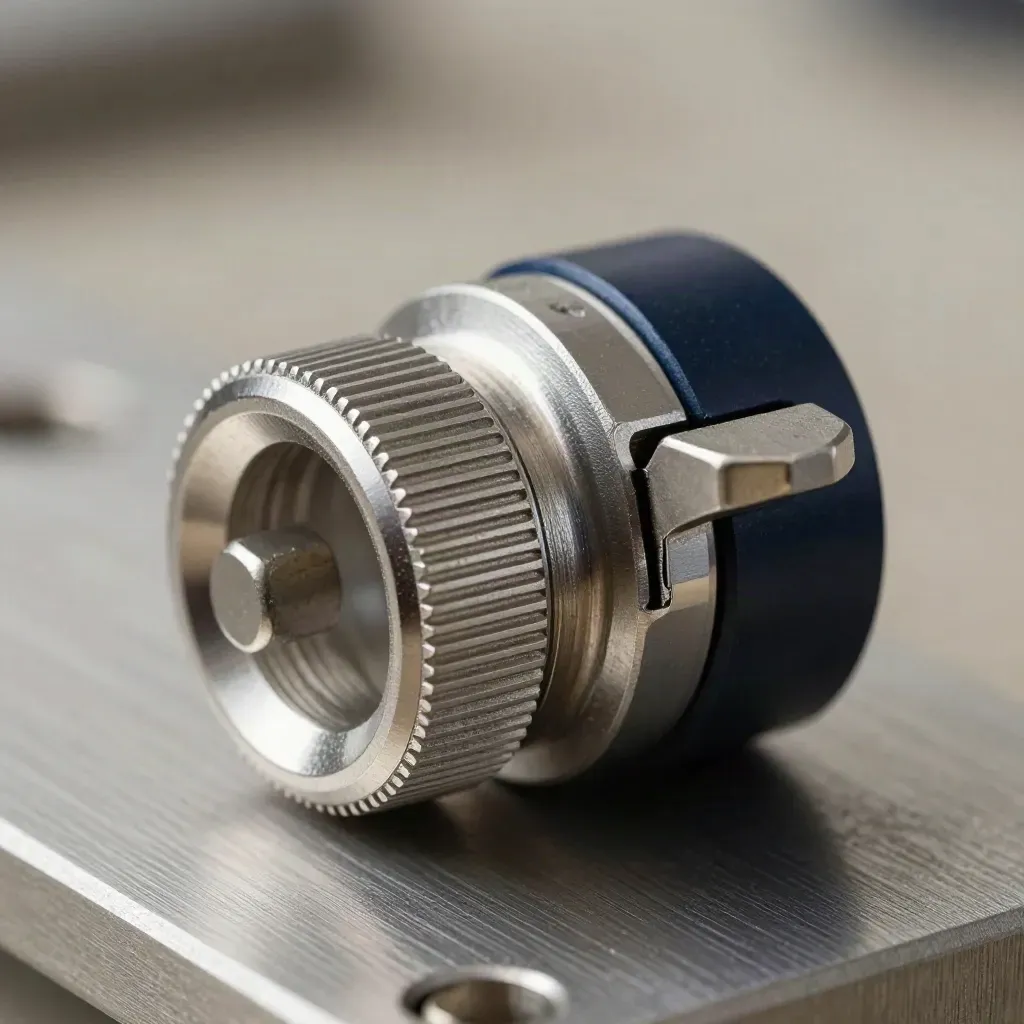 Macro of machined couplers, hex standoffs and a precision latch on brushed aluminum