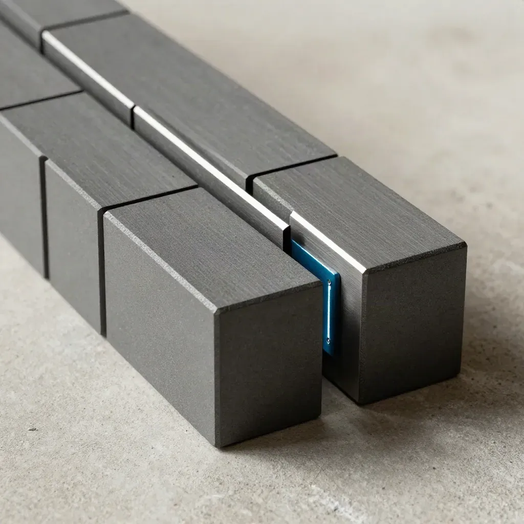 Graphite modular blocks with a bridge piece mid-placement on powder-dusted concrete.