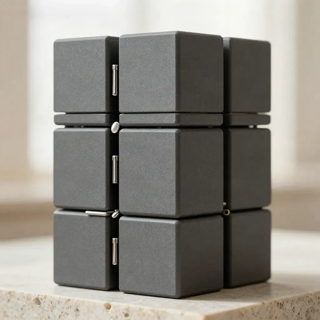 Matte graphite cubes linked by a hinge and pin on pale stone in dramatic studio light