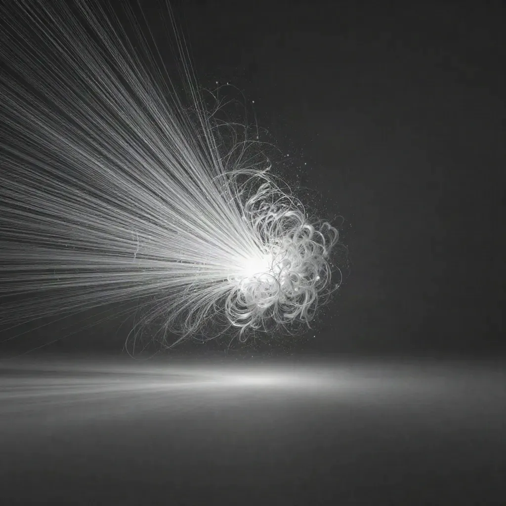 Silver filaments converge into a soft white bloom in dark graphite haze.